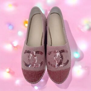 🆕 CHANEL 2-Tone Pink Canvas & Sequin CC Logo Cap-Toe Espadrilles Flats EU 37 NIB